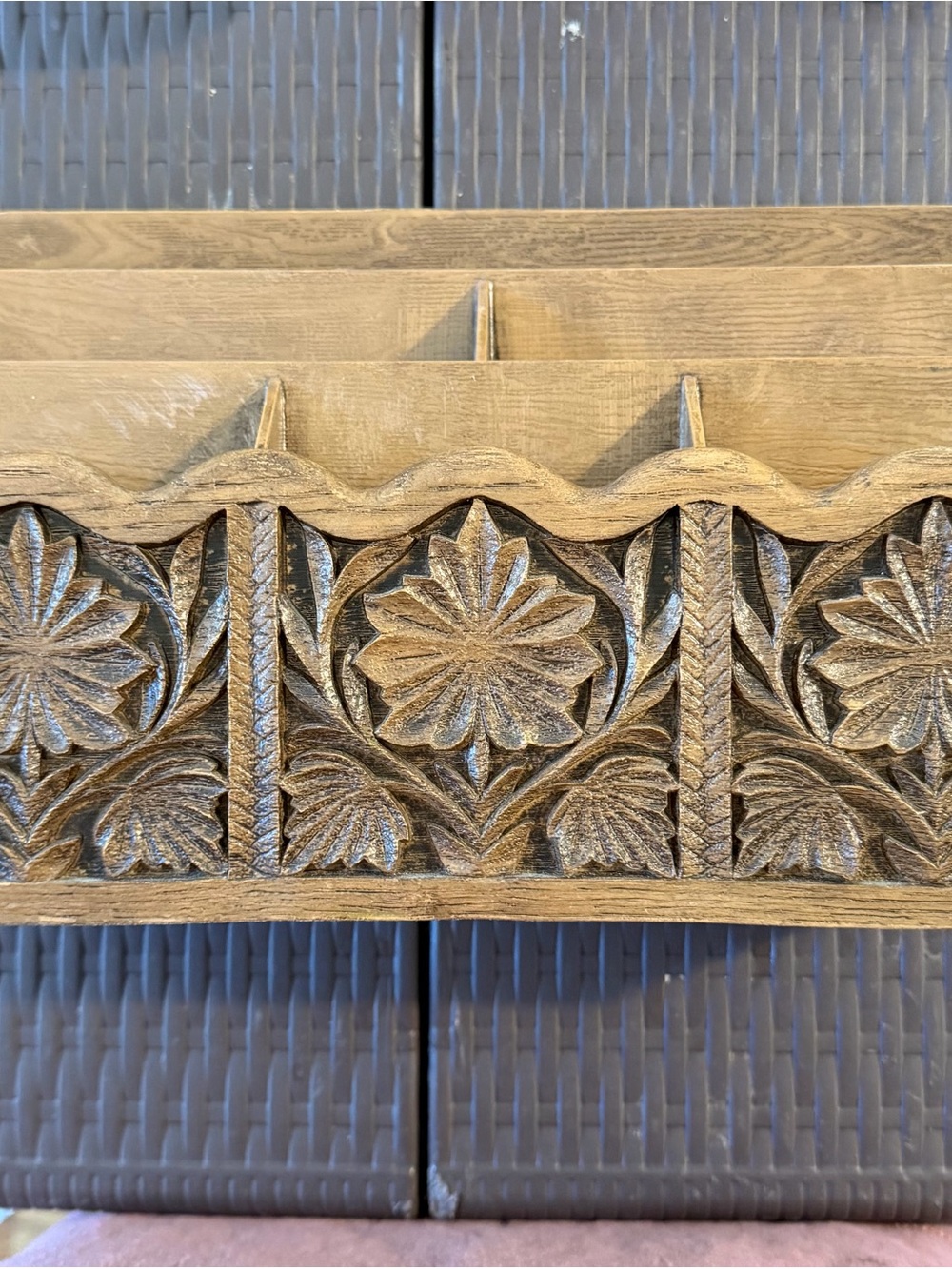 Hand-Carved Floral Wood Wall Panel in Natural Brown